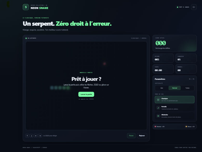 Aperçu du jeu Snake développé en JavaScript