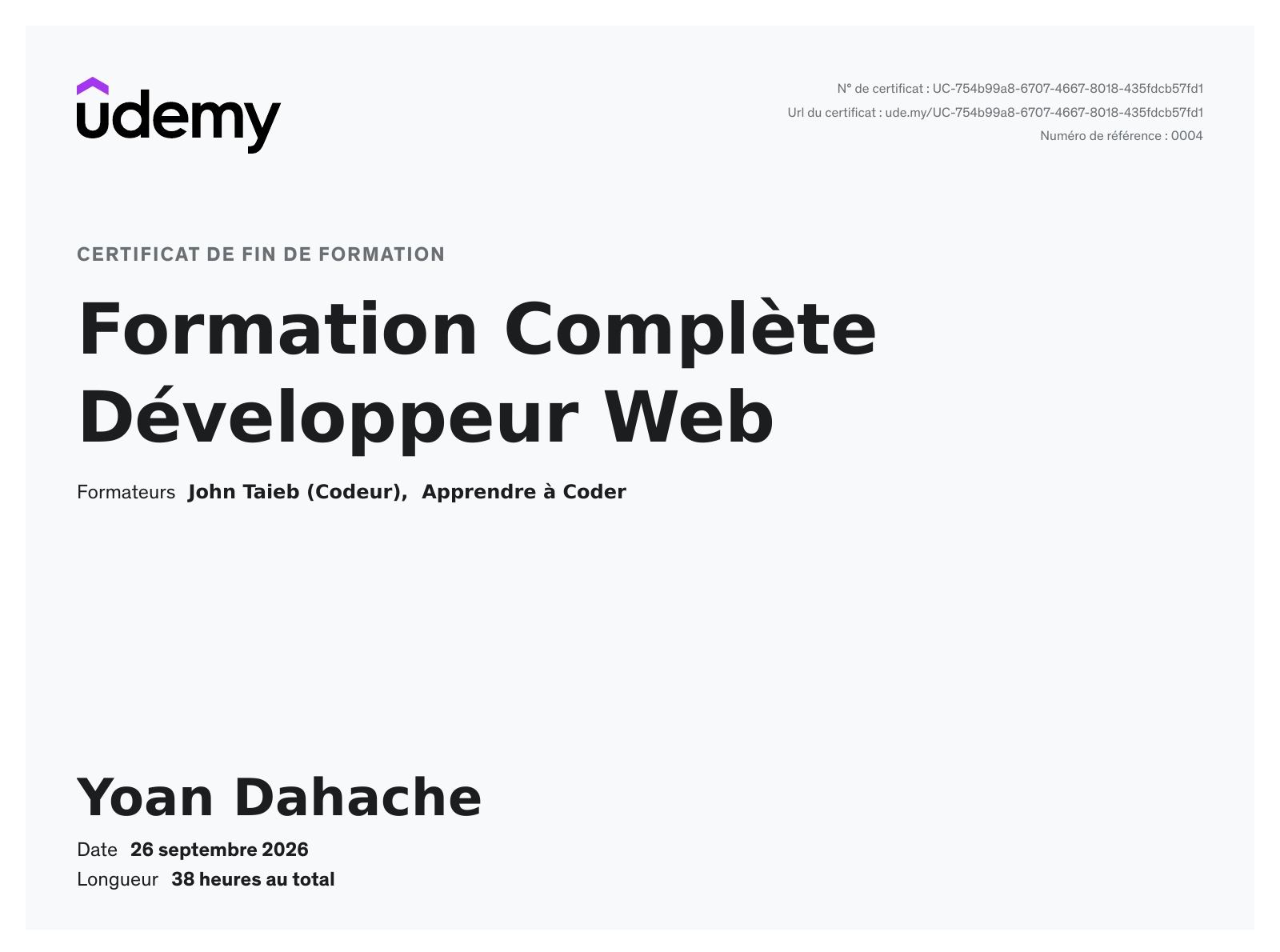 Certificat Udemy - Formation Complète Développeur Web de Yoan Dahache